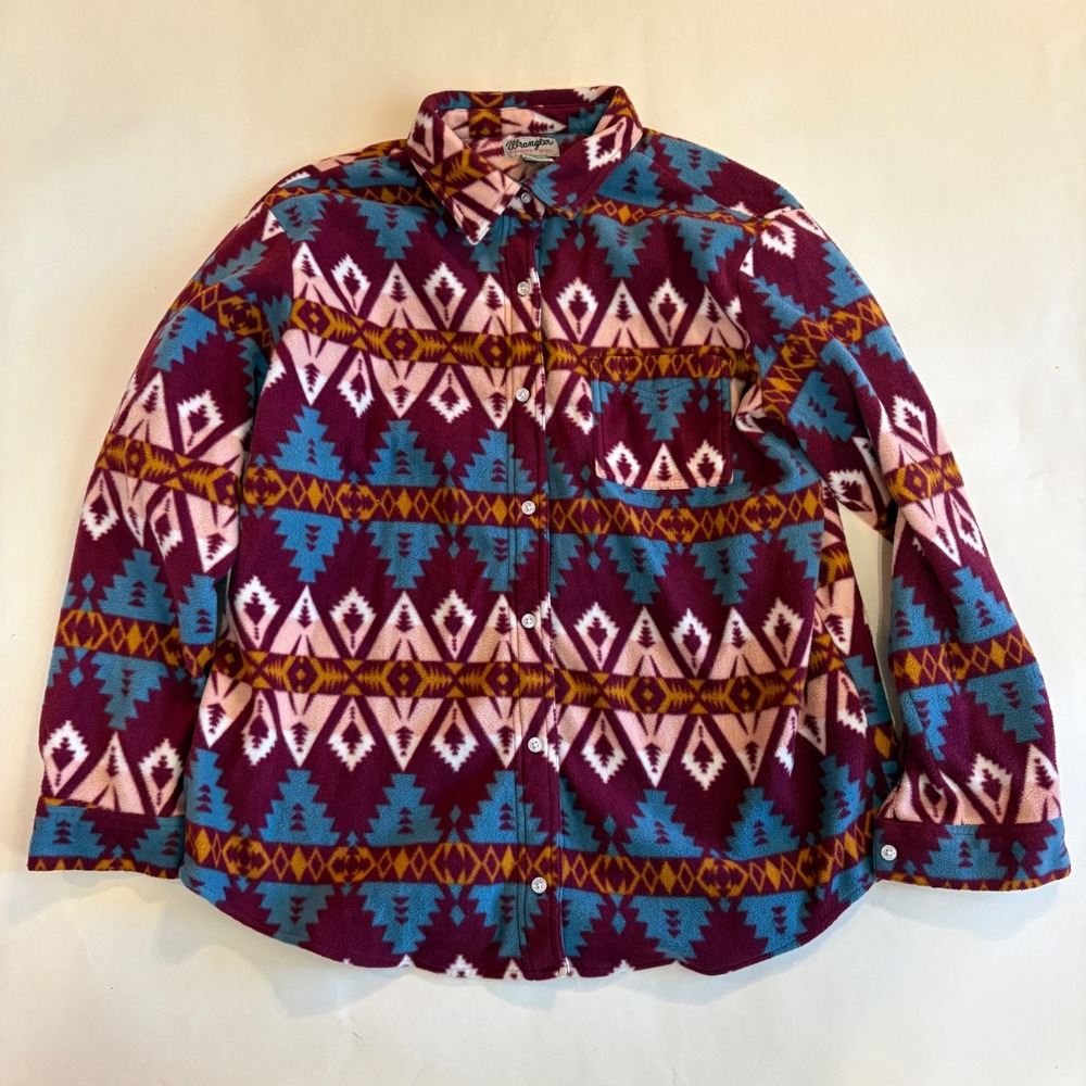 Wrangler Womens Southwestern Aztec Fleece Button Up Shirt Burgundy Teal Large
